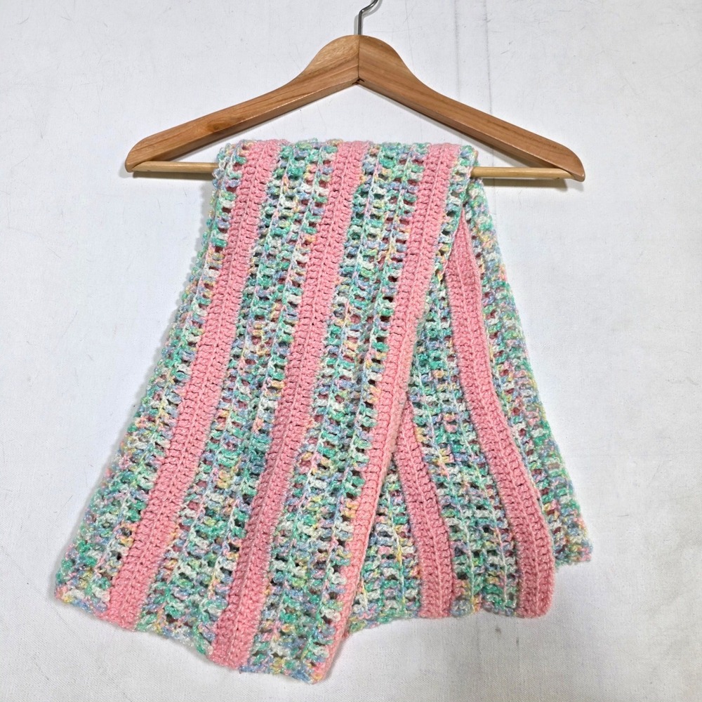 Unbranded Crochet Baby Blanket Unisex OS Pink Multicolor Striped Handmade Knit